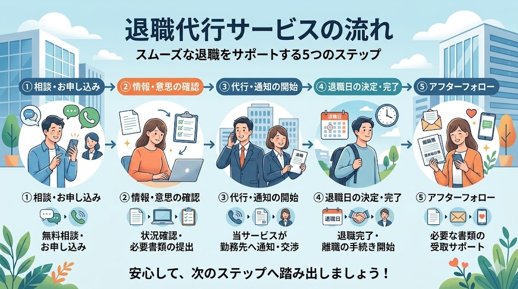 退職代行の申し込みから退職完了までの流れイメージ