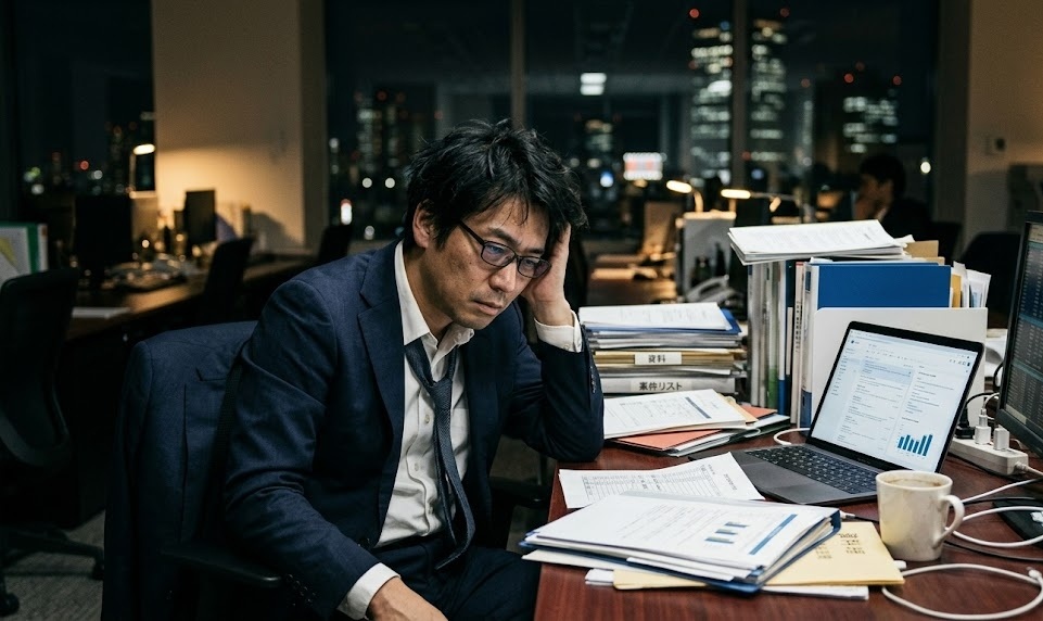 仕事量の多さに疲弊しているビジネスパーソンのイメージ