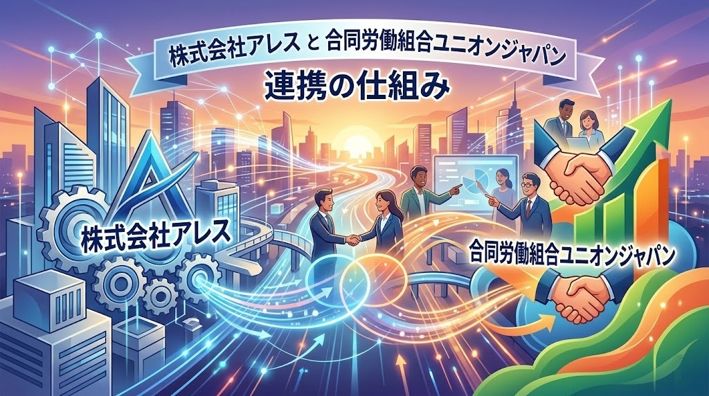 株式会社アレスと合同労働組合ユニオンジャパンの連携の仕組みを示す図解